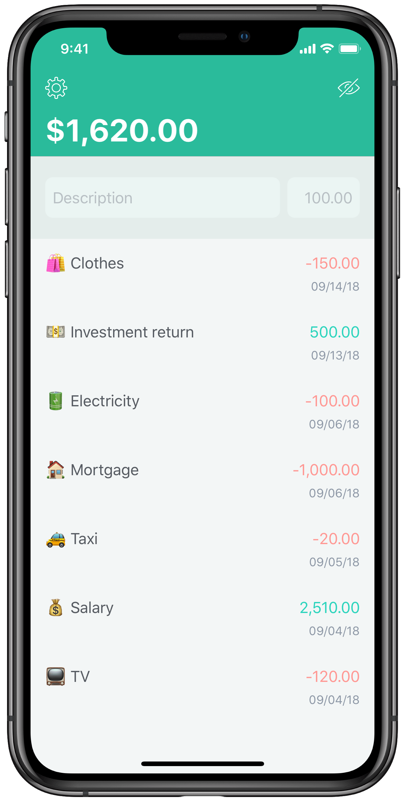 Screenshot of Really Simple Finance listing incomes and expenses