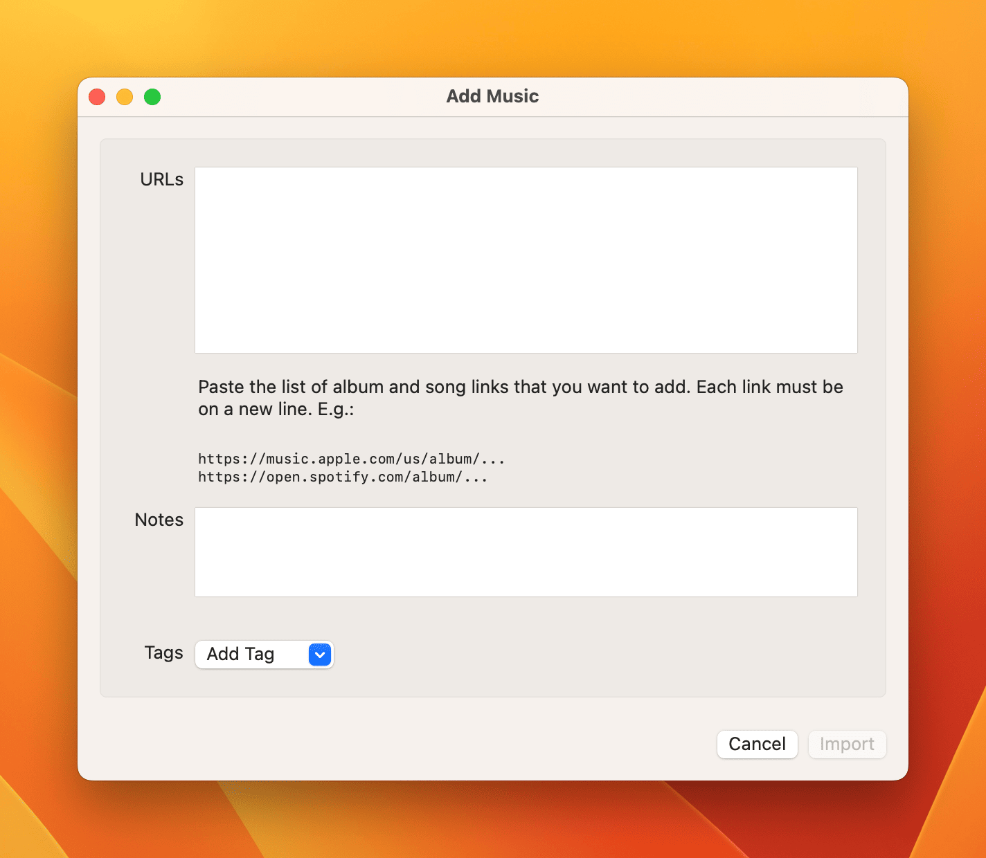 Add Music window