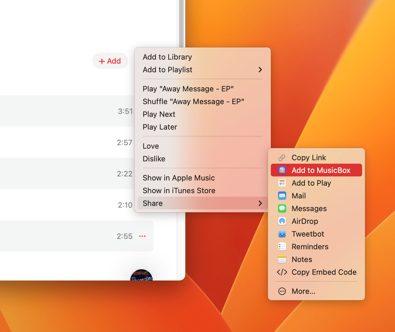 Add to MusicBox in the Share Menu