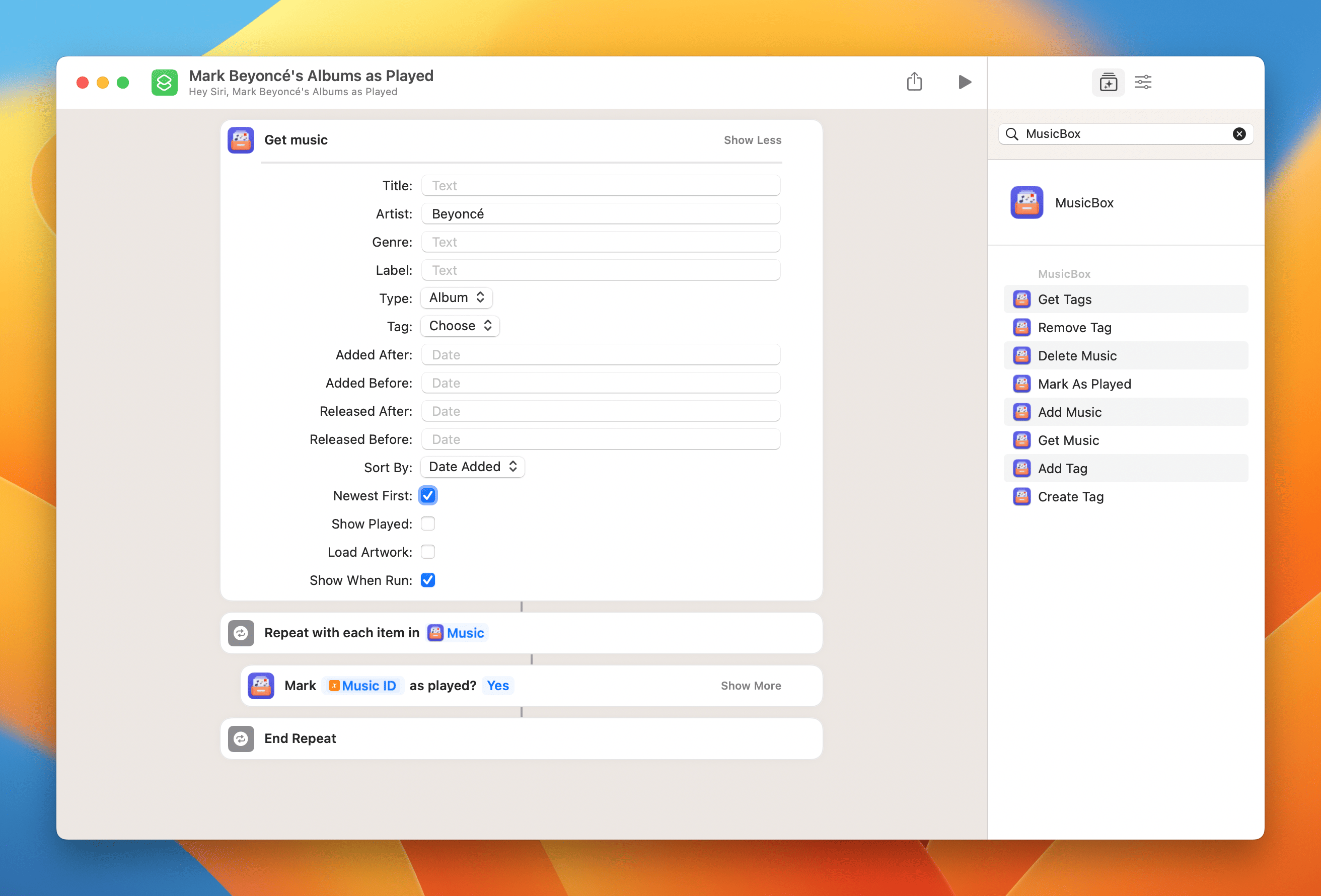 Shortcuts window